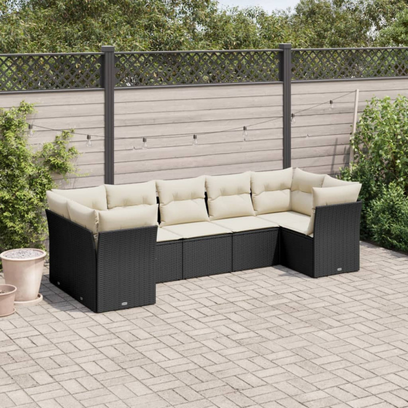 7-tlg. Garten-Sofagarnitur mit Kissen Schwarz Poly Rattan