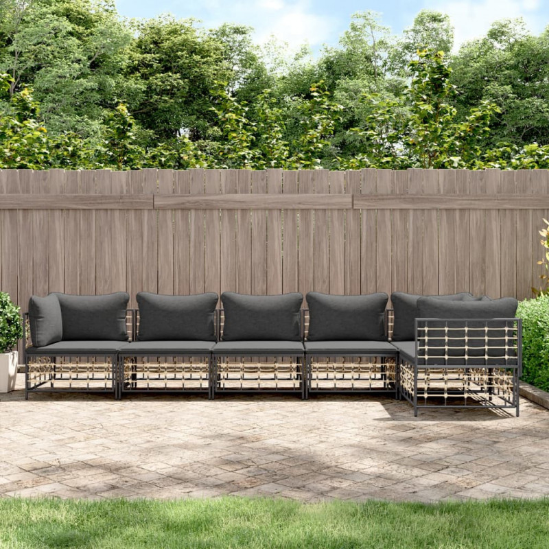 6-tlg. Garten-Lounge-Set mit Kissen Anthrazit Poly Rattan