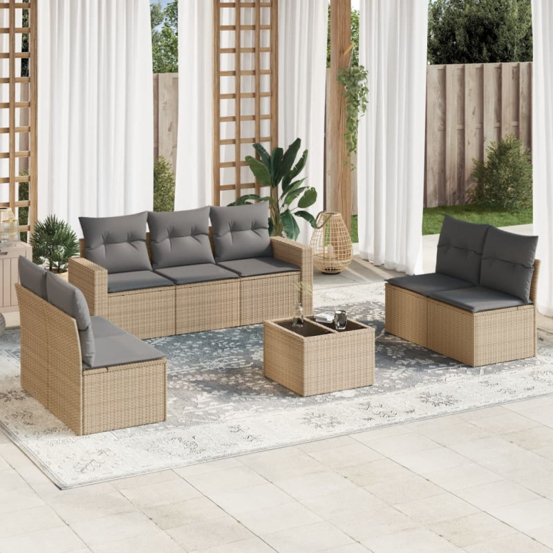 8-tlg. Garten-Sofagarnitur mit Kissen Beige Poly Rattan