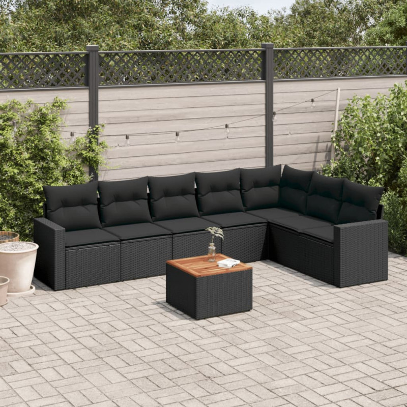 8-tlg. Garten-Sofagarnitur mit Kissen Schwarz Poly Rattan