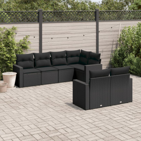 7-tlg. Garten-Sofagarnitur mit Kissen Schwarz Poly Rattan