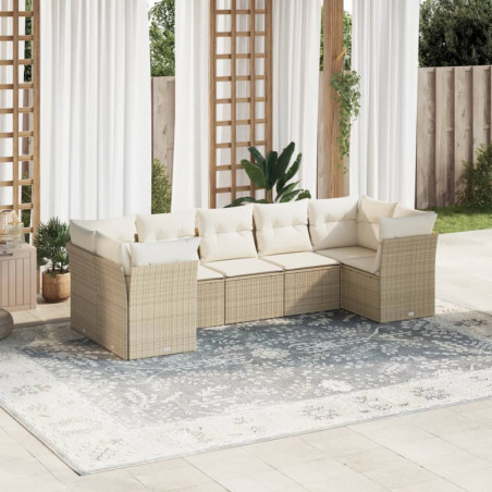 7-tlg. Garten-Sofagarnitur mit Kissen Beige Poly Rattan