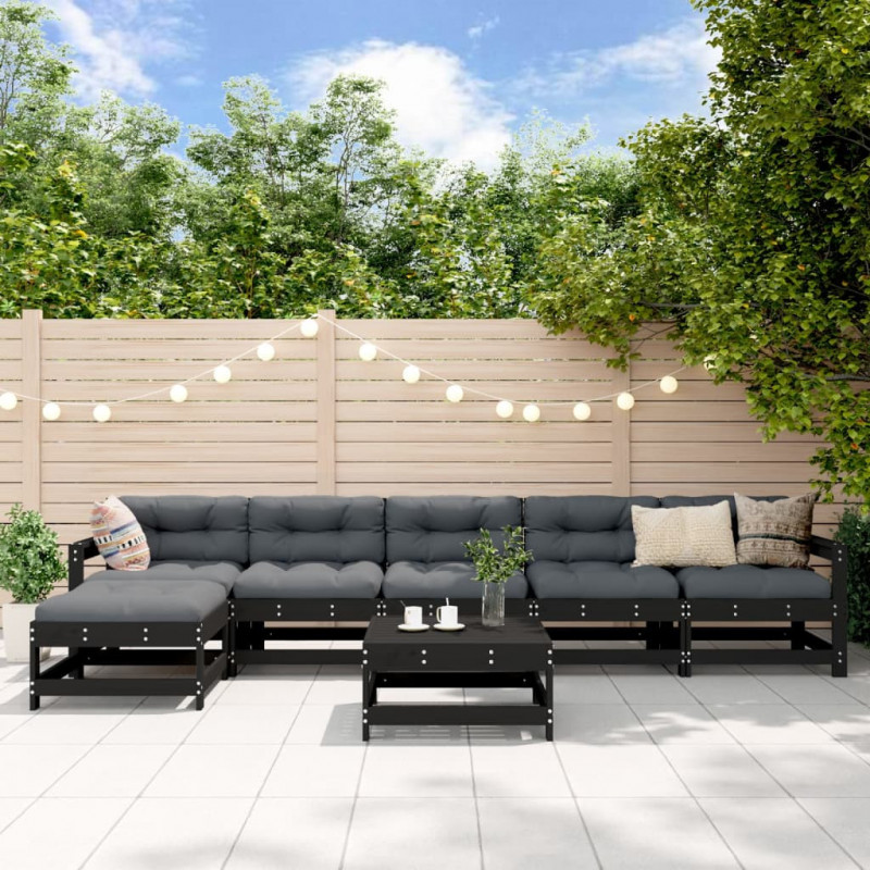 7-tlg. Garten-Lounge-Set mit Kissen Schwarz Massivholz