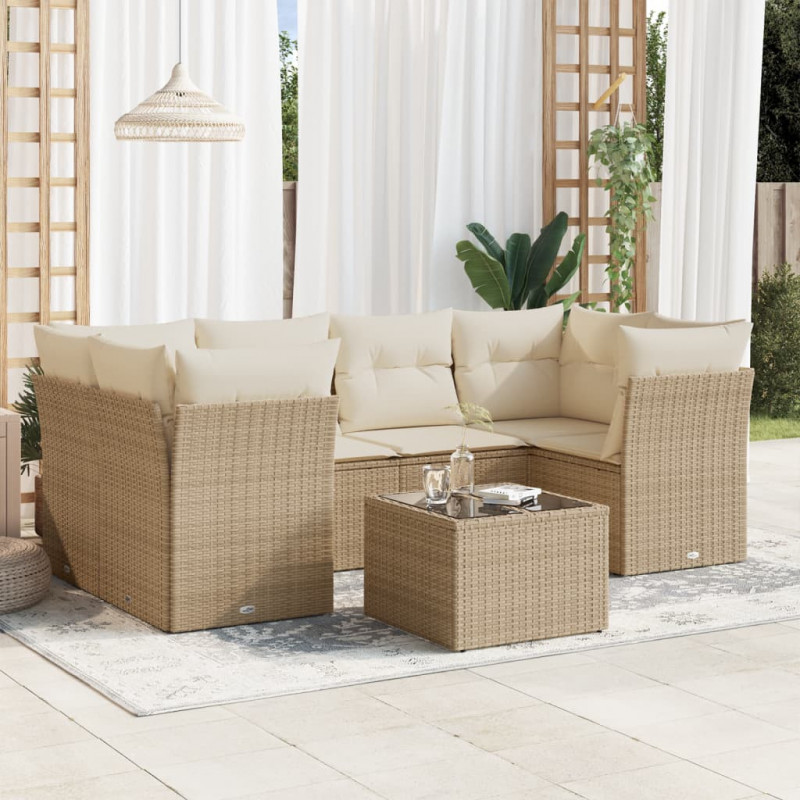 7-tlg. Garten-Sofagarnitur mit Kissen Beige Poly Rattan