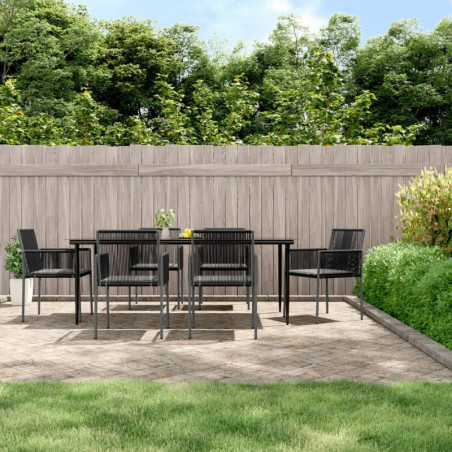 7-tlg. Garten-Essgruppe mit Kissen Schwarz Poly Rattan & Stahl