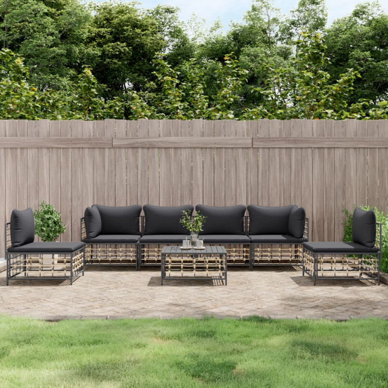 7-tlg. Garten-Lounge-Set mit Kissen Anthrazit Poly Rattan