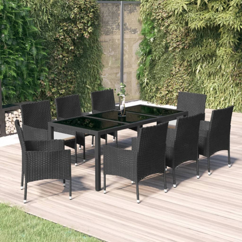 9-tlg. Garten-Essgruppe mit Kissen Schwarz Poly Rattan