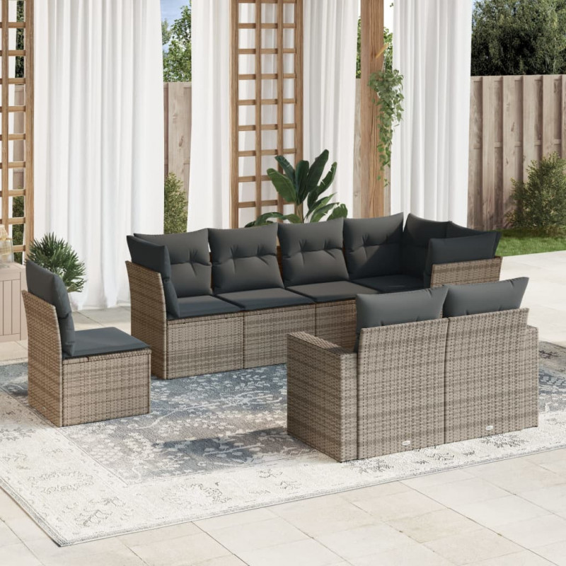 8-tlg. Garten-Sofagarnitur mit Kissen Grau Poly Rattan