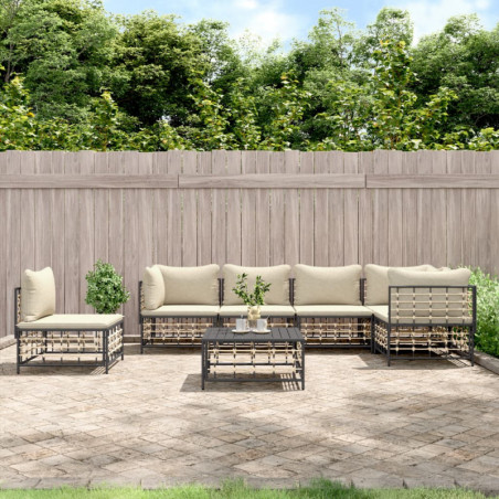 7-tlg. Garten-Lounge-Set mit Kissen Anthrazit Poly Rattan