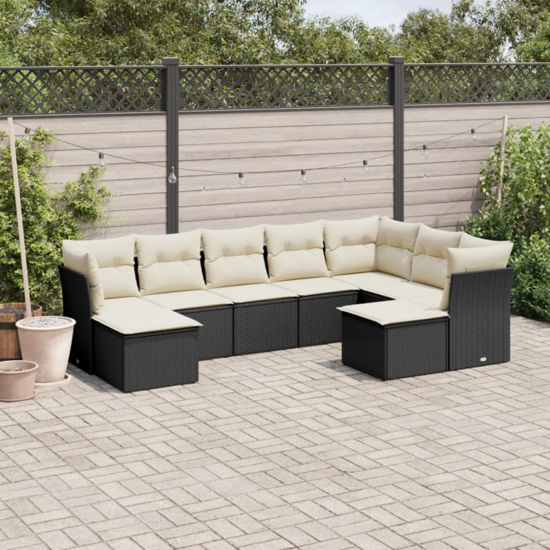 9-tlg. Garten-Sofagarnitur mit Kissen Schwarz Poly Rattan