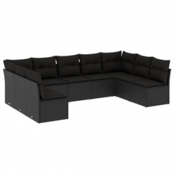 9-tlg. Garten-Sofagarnitur mit Kissen Schwarz Poly Rattan