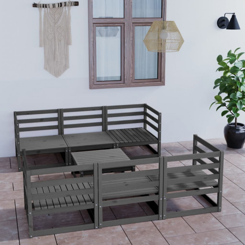 7-tlg. Garten-Lounge-Set Metta Grau Kiefer Massivholz