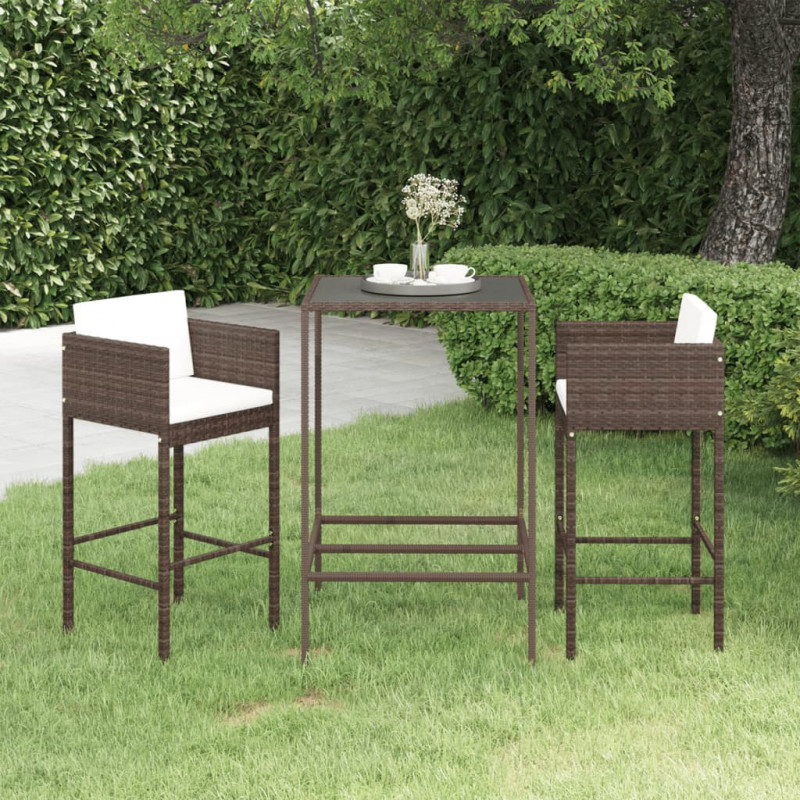 3-tlg. Gartenbar-Set Edeltraud mit Kissen Poly Rattan Braun