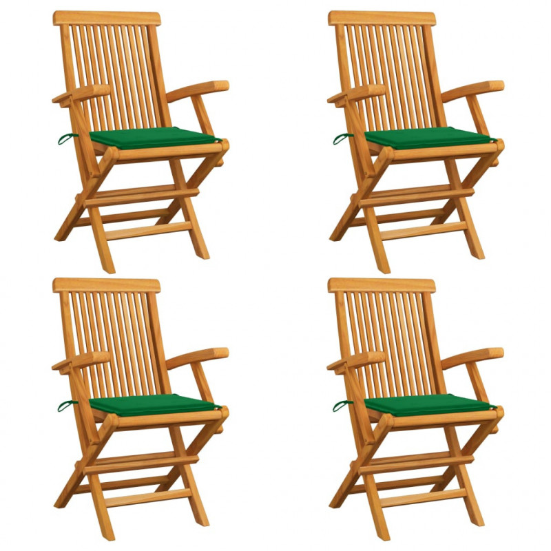 Gartenstühle mit Grünen Kissen 4 Stk. Teak Massivholz
