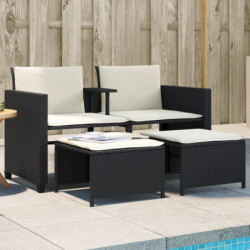 Gartensofa 2-Sitzer mit Tisch und Hockern Schwarz Poly Rattan