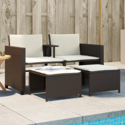 Gartensofa 2-Sitzer mit Tisch und Hockern Braun Poly Rattan