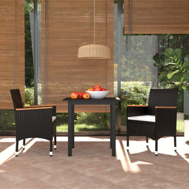 3-tlg. Garten-Essgruppe Egbert mit Kissen Poly Rattan Schwarz