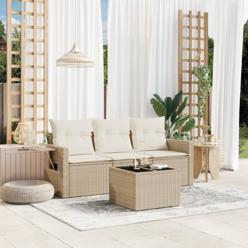 4-tlg. Garten-Sofagarnitur mit Kissen Beige Poly Rattan