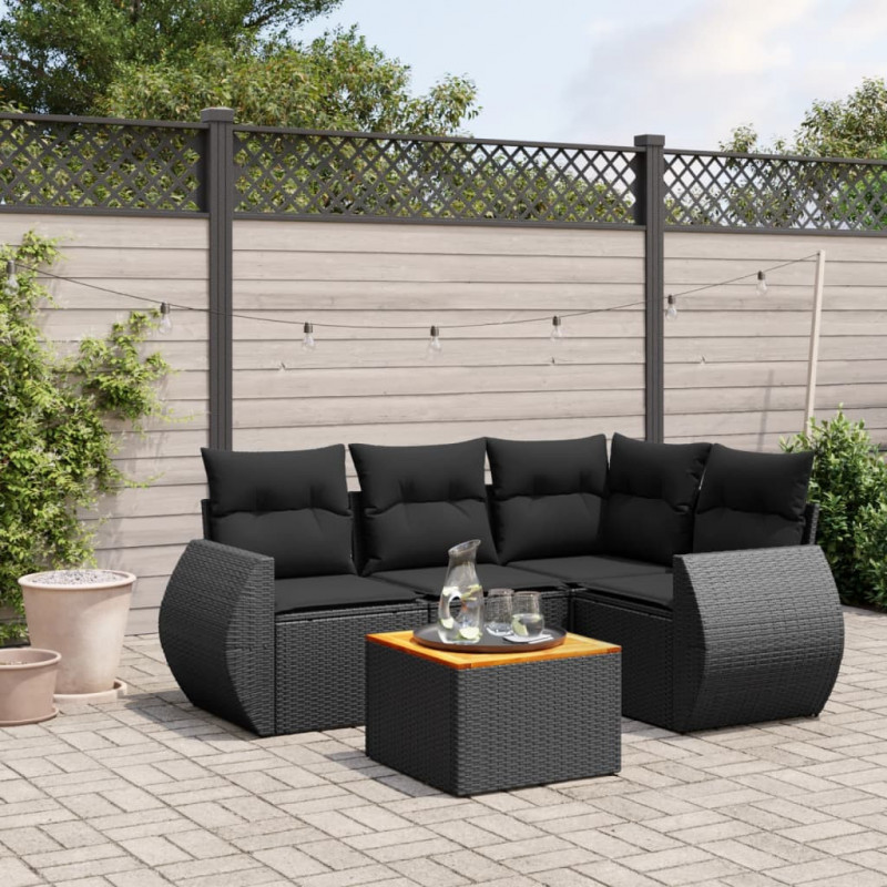 5-tlg. Garten-Sofagarnitur mit Kissen Schwarz Poly Rattan