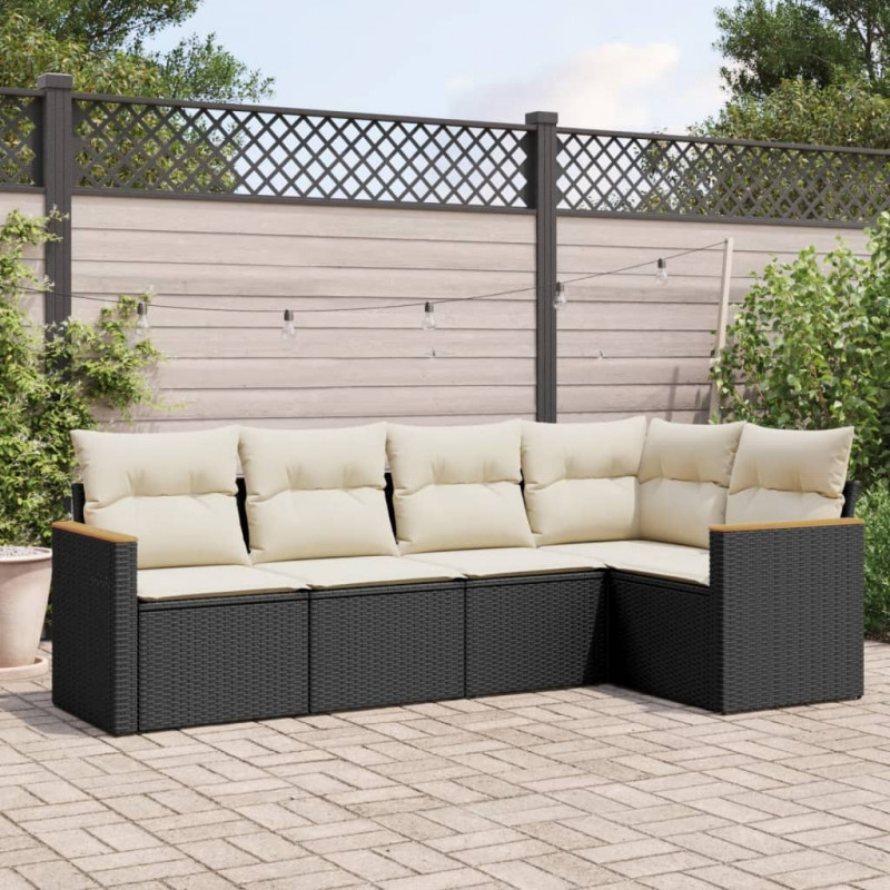 5-tlg. Garten-Sofagarnitur mit Kissen Schwarz Poly Rattan