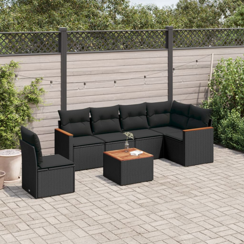 7-tlg. Garten-Sofagarnitur mit Kissen Schwarz Poly Rattan