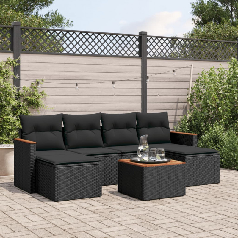 7-tlg. Garten-Sofagarnitur mit Kissen Schwarz Poly Rattan