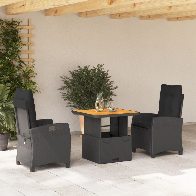 3-tlg. Garten-Essgruppe mit Kissen Schwarz Poly Rattan