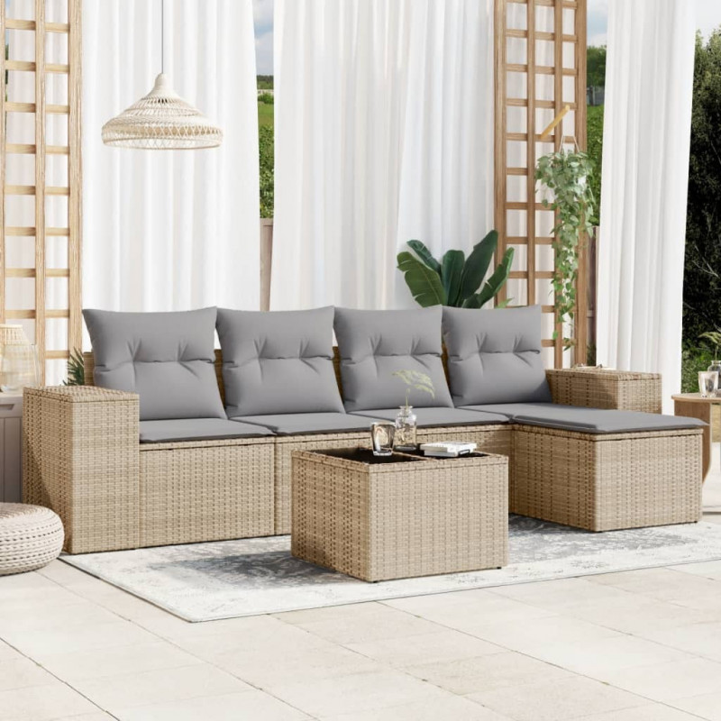 6-tlg. Garten-Sofagarnitur mit Kissen Beige Poly Rattan