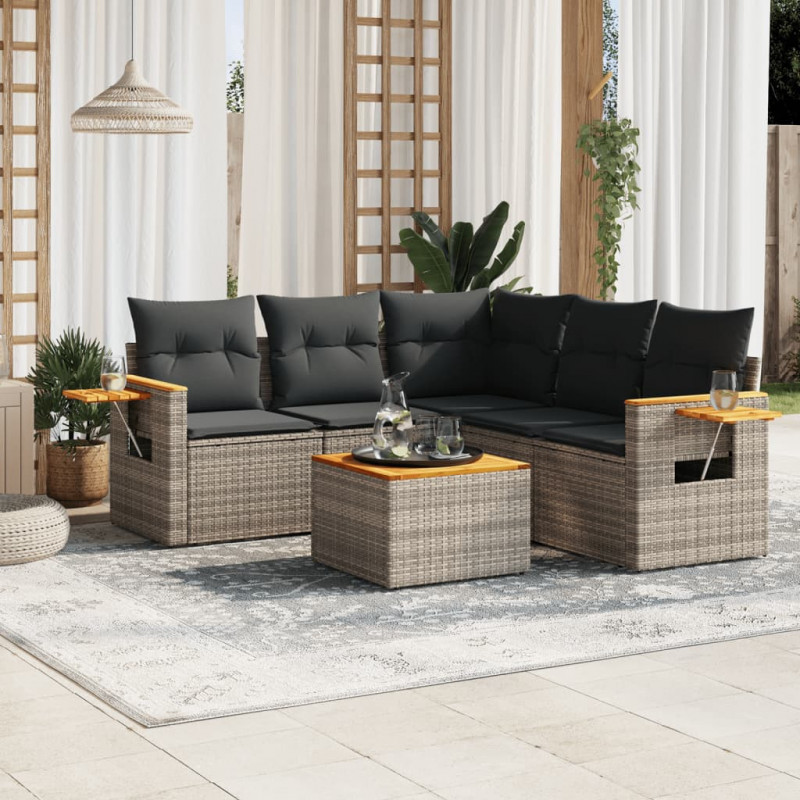 6-tlg. Garten-Sofagarnitur mit Kissen Grau Poly Rattan