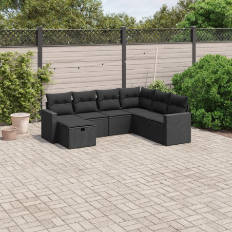 7-tlg. Garten-Sofagarnitur mit Kissen Schwarz Poly Rattan