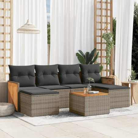 7-tlg. Garten-Sofagarnitur mit Kissen Grau Poly Rattan