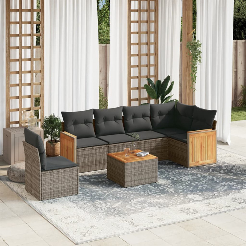 7-tlg. Garten-Sofagarnitur mit Kissen Grau Poly Rattan