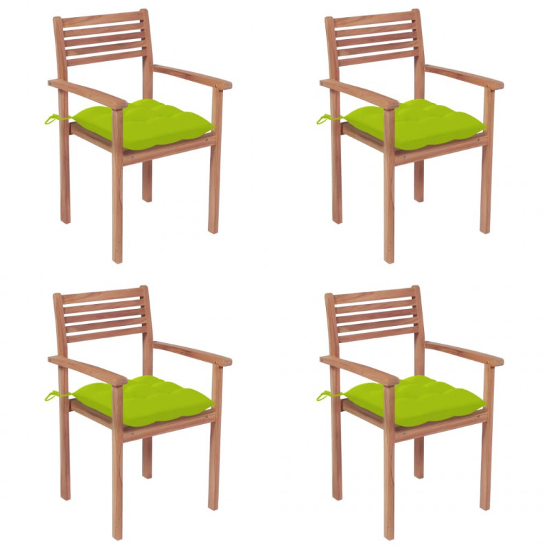 Gartenstühle 4 Stk. mit Hellgrünen Kissen Massivholz Teak