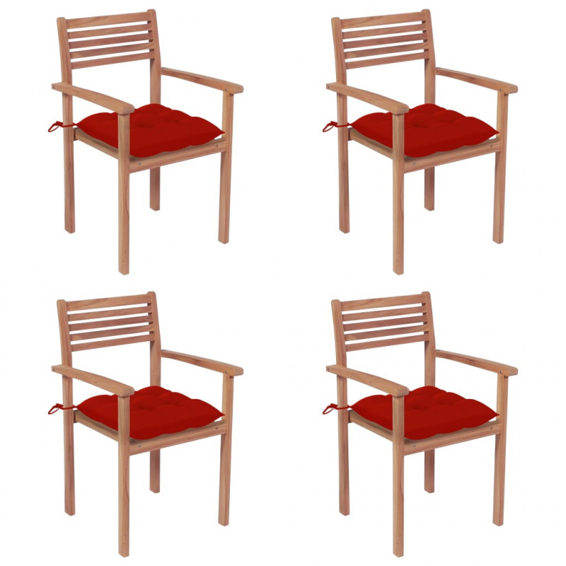 Gartenstühle 4 Stk. mit Roten Kissen Massivholz Teak