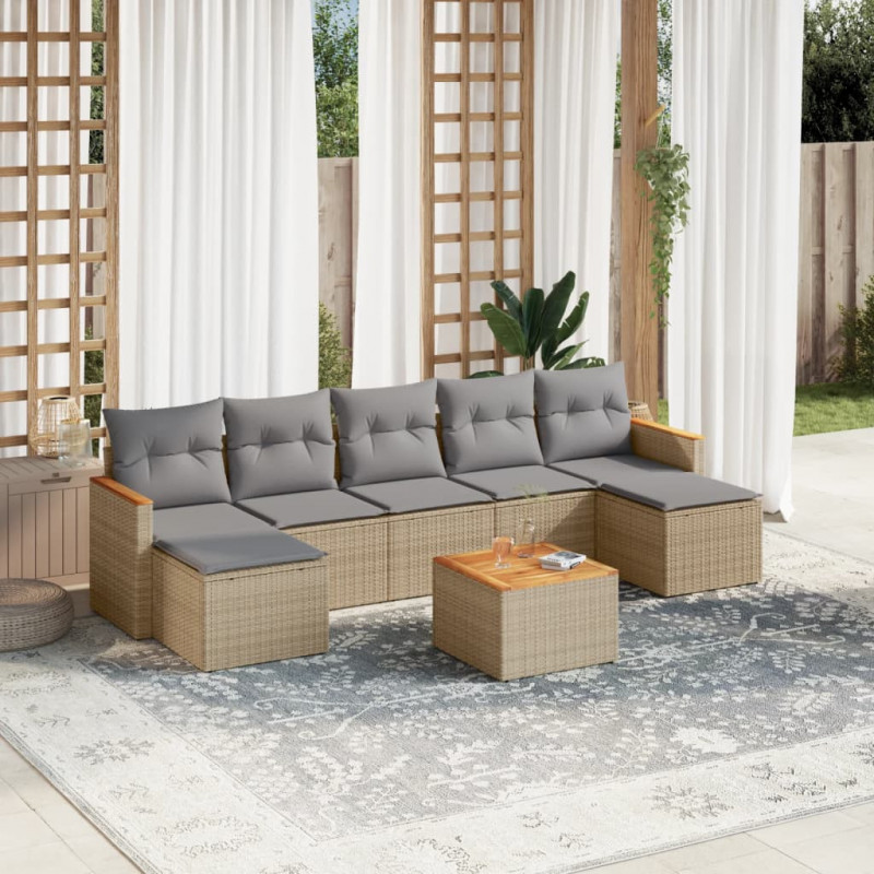 8-tlg. Garten-Sofagarnitur mit Kissen Beige Poly Rattan