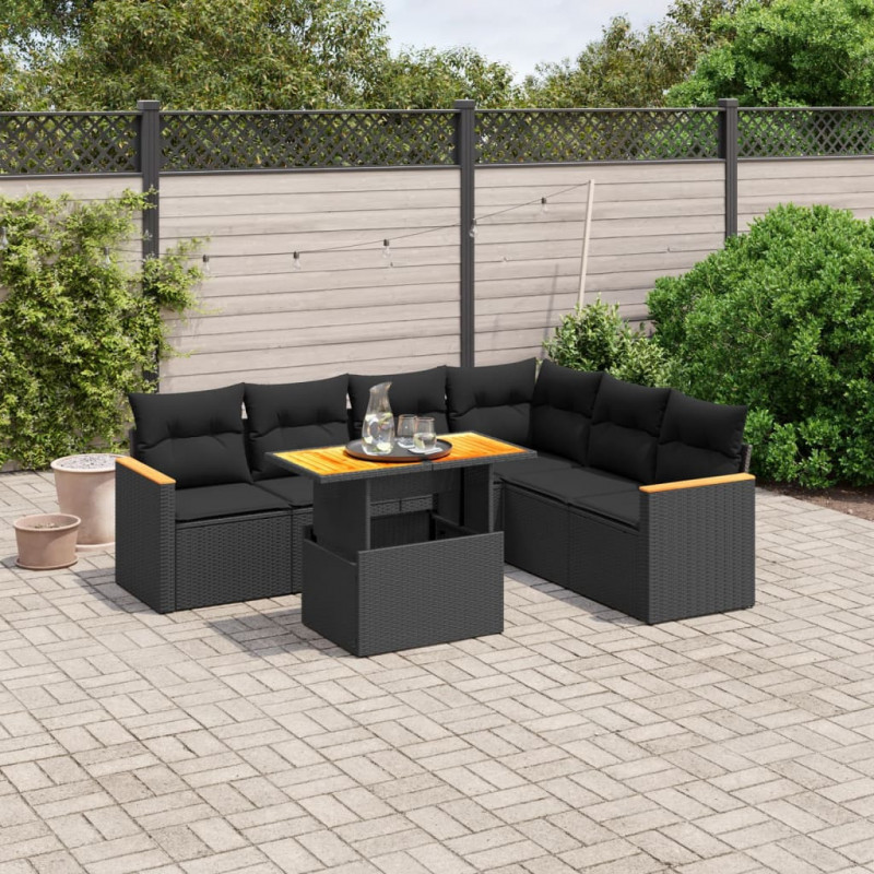 7-tlg. Garten-Sofagarnitur mit Kissen Schwarz Poly Rattan