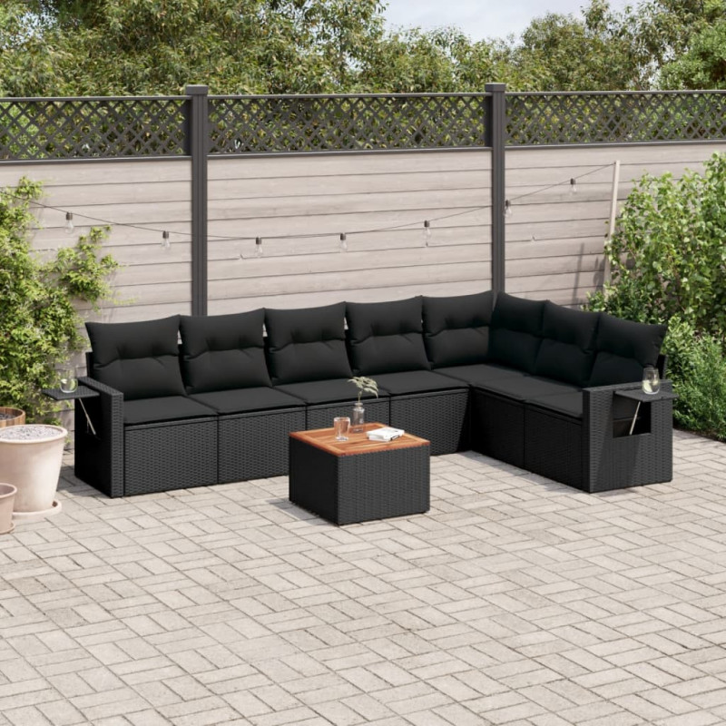 8-tlg. Garten-Sofagarnitur mit Kissen Schwarz Poly Rattan