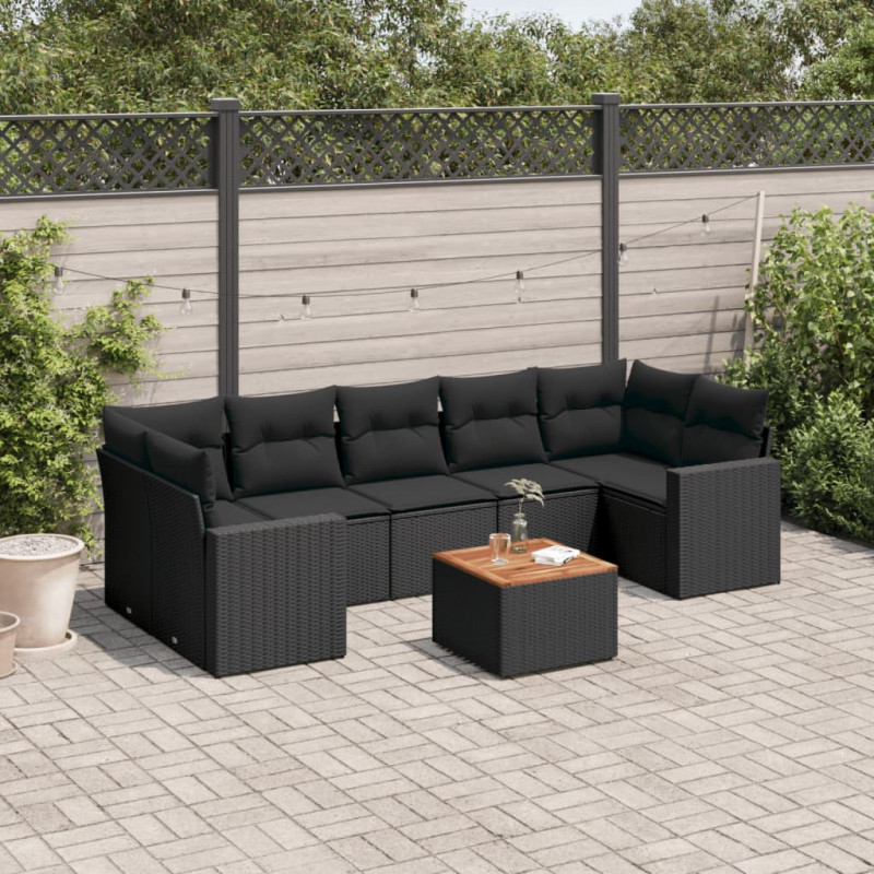 8-tlg. Garten-Sofagarnitur mit Kissen Schwarz Poly Rattan