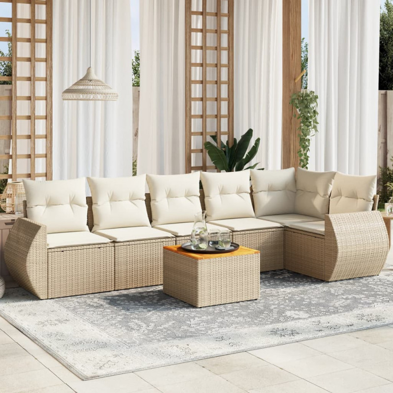 7-tlg. Garten-Sofagarnitur mit Kissen Beige Poly Rattan