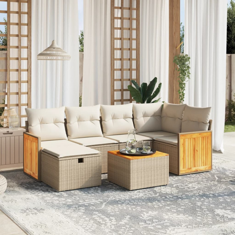 7-tlg. Garten-Sofagarnitur mit Kissen Beige Poly Rattan