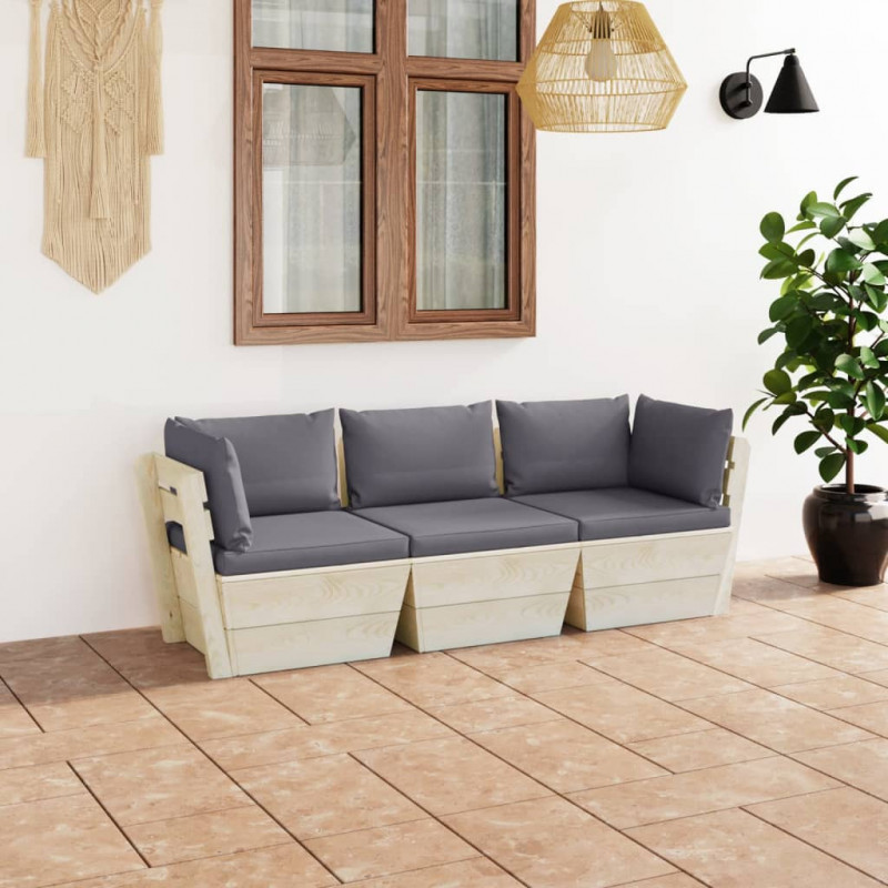 Garten-Palettensofa Uadjit 3-Sitzer mit Kissen Fichtenholz