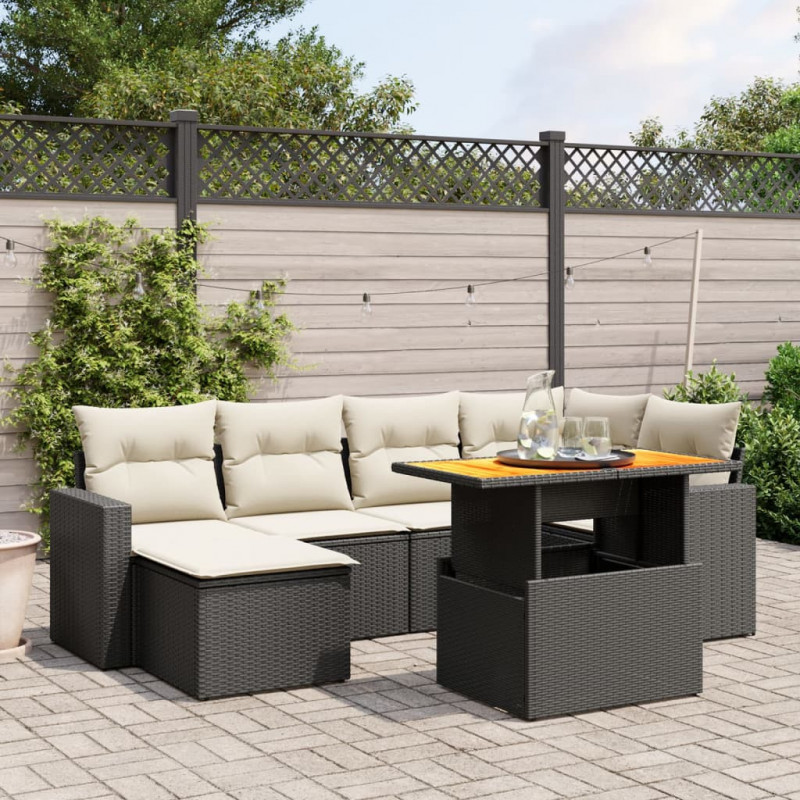 7-tlg. Garten-Sofagarnitur mit Kissen Schwarz Poly Rattan