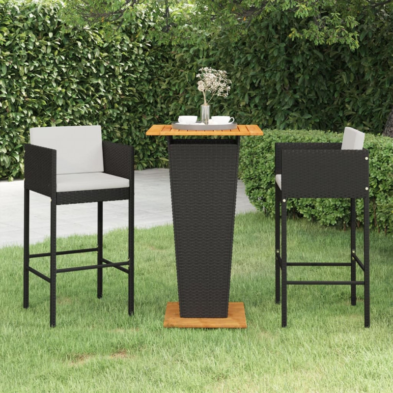 3-tlg. Gartenbar-Set Eileen mit Kissen Poly Rattan Schwarz