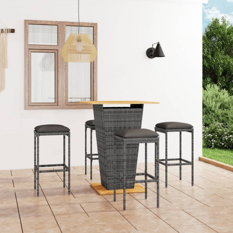 5-tlg. Gartenbar-Set Jannik mit Kissen Poly Rattan Grau