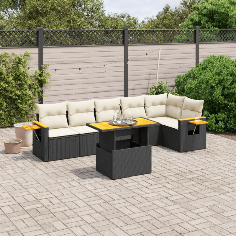 7-tlg. Garten-Sofagarnitur mit Kissen Schwarz Poly Rattan