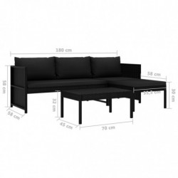 3-tlg. Garten-Lounge-Set Brendan mit Auflagen Poly Rattan Schwarz