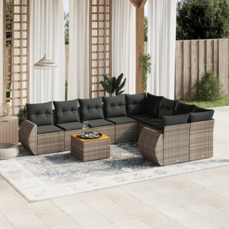 9-tlg. Garten-Sofagarnitur mit Kissen Grau Poly Rattan