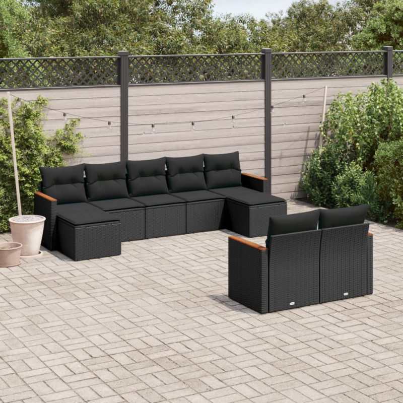 9-tlg. Garten-Sofagarnitur mit Kissen Schwarz Poly Rattan