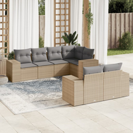 7-tlg. Garten-Sofagarnitur mit Kissen Beige Poly Rattan