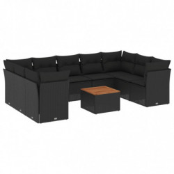 10-tlg. Garten-Sofagarnitur mit Kissen Schwarz Poly Rattan